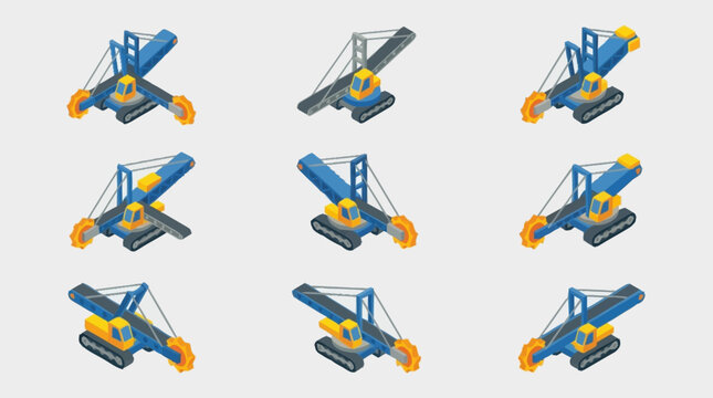 Set of isometric illustrations of a large industrial excavator machine with a bucket wheel, shown from different angles on a light gray background.