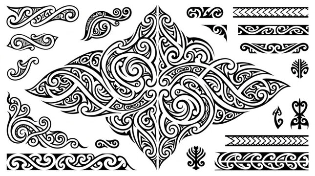 Maori Tribal Tattoo Design Elements Vector Art.