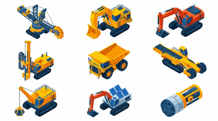 Naklejka premium Isometric illustration of various construction and mining vehicles on a white background.