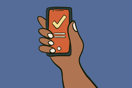 Mobile voting app illustration with check mark on screen