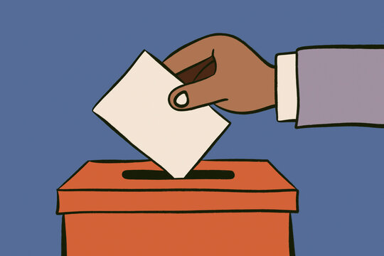 Black hand placing ballot into box in election illustration