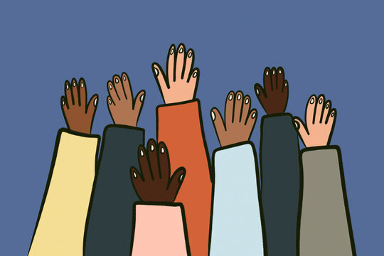 Raised hands illustration for voting and democracy concept