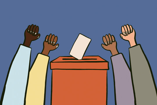 Diverse hand raise around ballot box voting illustration