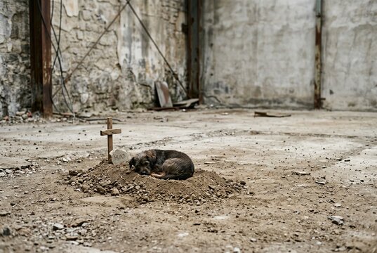 Fotorealistisches Konzeptbild zur Redewendung &bdquo;da liegt der Hund begraben&ldquo;, das wortw&ouml;rtlich die Ursache eines Problems darstellt.