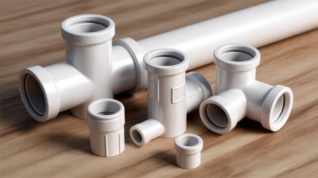 Collection of White PVC Plastic Pipe Fittings and Plumbing Components on a Wooden Surface