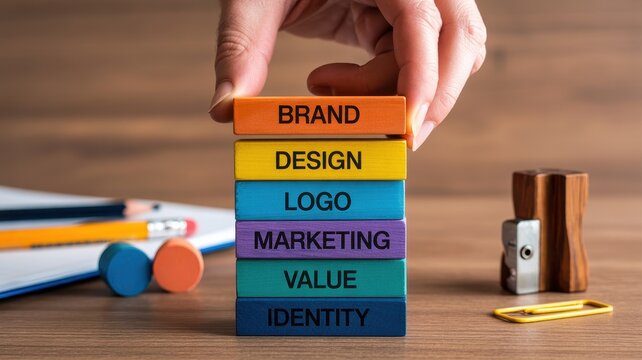 Business branding concept with colorful wooden blocks stacked on a desk
