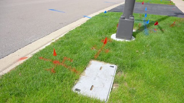 Blue buried water line utility marker flag in grass. safety warning. Close up view shoot