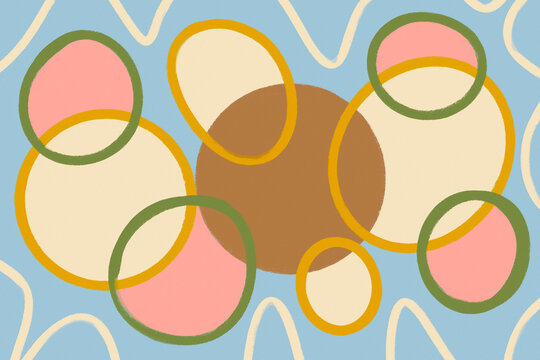 Retro abstract landscape illustration with pastel circles