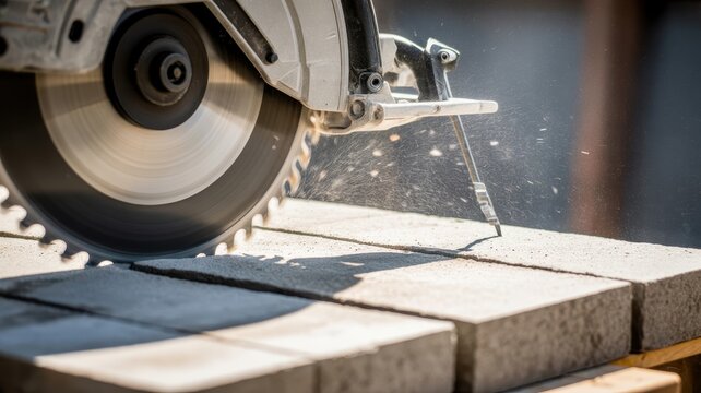 Circular masonry saw cutting concrete paving bricks