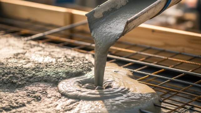 Fresh concrete pouring onto steel rebar framework at construction site