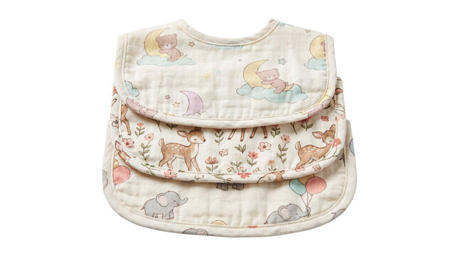 Set of soft muslin baby bibs featuring cute animal patterns stacked on transparent background, close-up studio shot