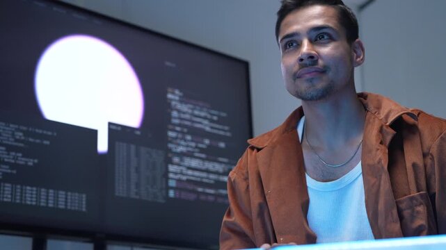 Low angle view of a young male software developer looking up thoughtfully while working with artificial intelligence systems and database codes on big office screens.
