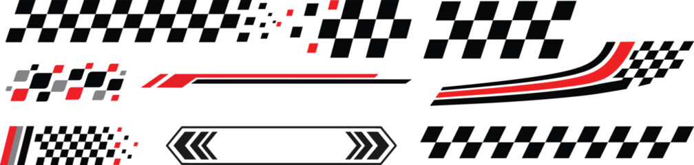 Fototapeta premium Racing cars and race car stripes set, angled checkered patterns, checkered flag, start and finish line, motocross labels, dynamic lines, motorsport, racing stripe speed, sport decals, tuning stickers