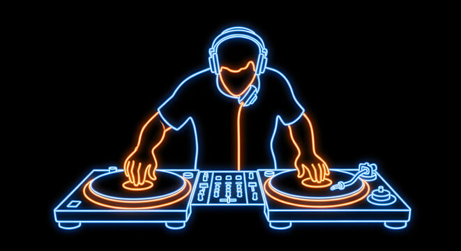 Neon DJ silhouette performing on turntables, glowing blue and orange line art of disc jockey mixing music, vibrant electronic dance music club visual