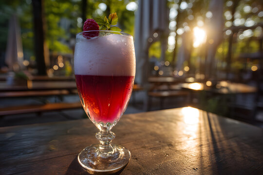Classic Berliner Weisse Beer Served in Wide Bowled Stemme Glass with Raspberry Garnish at Sunset