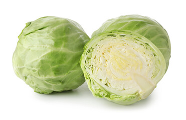 Fototapeta premium Whole and cut fresh cabbages isolated on white