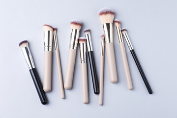 Fototapeta premium Many clean makeup brushes on light grey background, flat lay