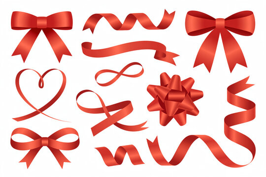 Set of red satin ribbon elements including bows waves and heart shape isolated on white background for gift box decoration decor.