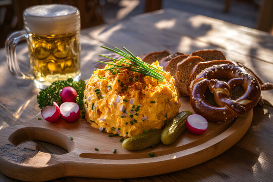 Delicious Bavarian Obatzda Cheese Spread with Pretzels, Pickles, Radishes, and Beer in Outdoor Setting