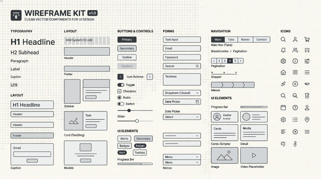 Modern user interface design kit template featuring essential wireframe components for web and mobile application development and prototyping