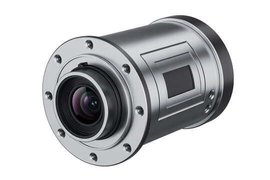 Professional video camera lens industrial camera body close up view metallic object technology equipment object.