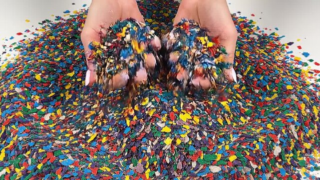 Person's hands sift through vibrant multicolored recycled plastic flakes. It highlights environmental sustainability and waste management. Ideal for sustainable and industrial projects.