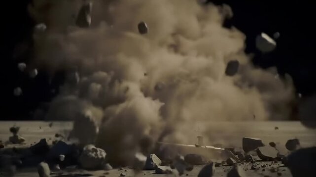 Explosion of rocks and fire with dark background