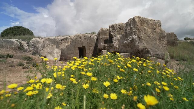 View of caves at Archaeological Site of the Tombs of the Kings on a sunny day, Paphos, Cyprus