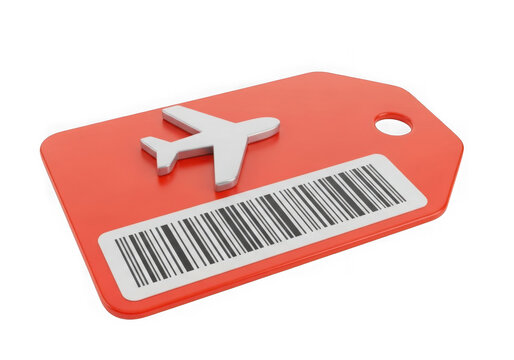 Red tag with barcode and warning label isolated on transparent background