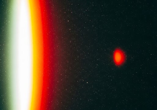 Vibrant colorful light beam in starry outer space with red planet
