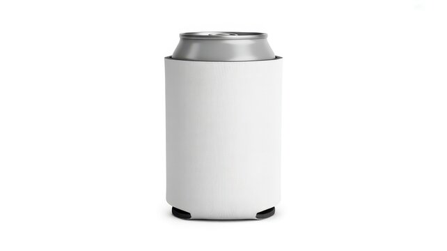 Blank white beverage coolie with drink can isolated on white background