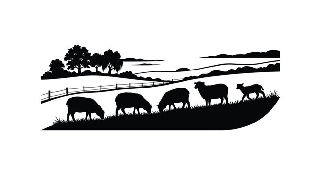 Sheep grazing on hillside landscape black silhouette