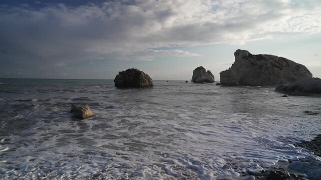 View of Petra tou Romiou or Aphrodite's rock during golden hour, Paphos District, Cyprus
