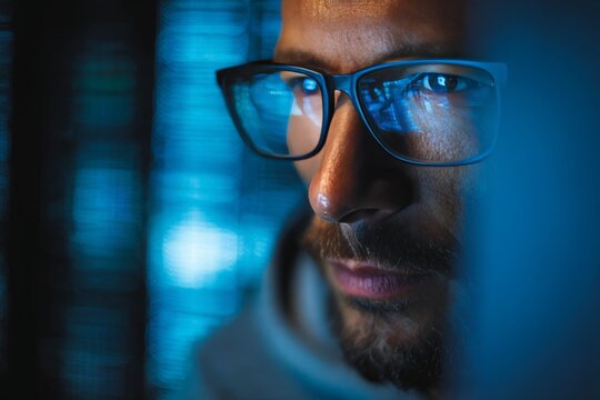 Focused man with glasses looking at computer screen in dark room, illuminated by blue light. Cybersecurity expert analyzing data and monitoring digital information at night