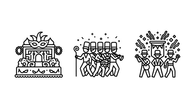 Mardi gras carnival parade float marching band celebration icons set black and white user interface carnival celebration festival confetti traditional entertainment musician minimalist