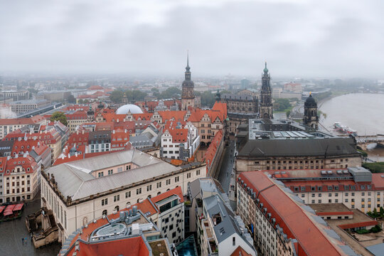 Misty aerial view of Dresden old town and Elbe river