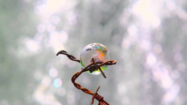 The concept of symbolism. On a waterfall in the background is a glass globe reflecting the forest in it, which is surrounded by rusty barbed wire