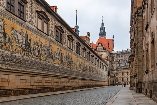 Cobblestone alley with royal mural in Dresden, Germany