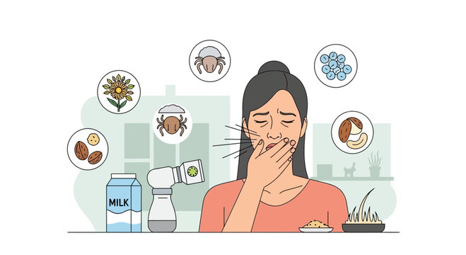 Allergy concept. Woman surrounded by allergen icons.
