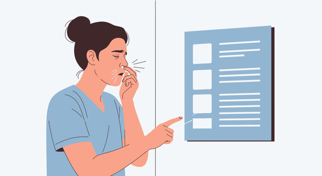 Allergy illustration: Woman with symptoms in front of allergen list.