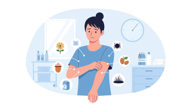 Allergy Symptoms: Woman Scratching Arm with Allergy Triggers Around