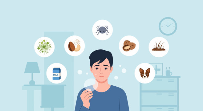 Allergy sufferer. Man with diverse allergen triggers. Health.