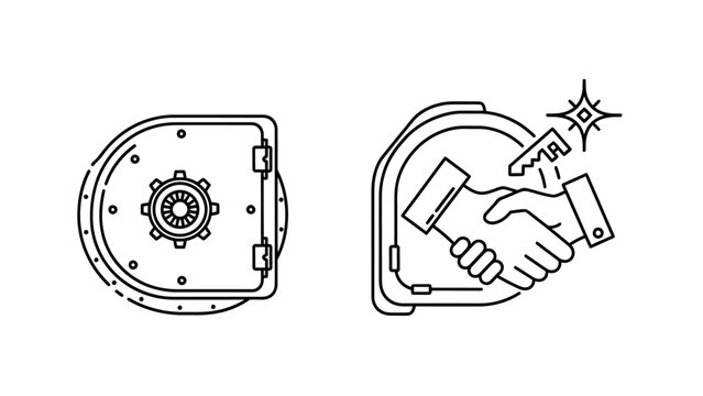 Safe deposit box and secure transaction handshake icons with financial security transaction handshake agreement partnership business protection contract illustration investment