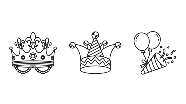 Celebration and party icons featuring royal crown jester hat festive balloons with confetti popper line art black and white background design element celebration entertainment