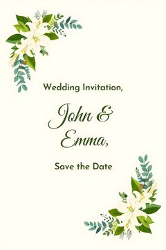 Elegant wedding invitation with lilies and greenery for John and Emma