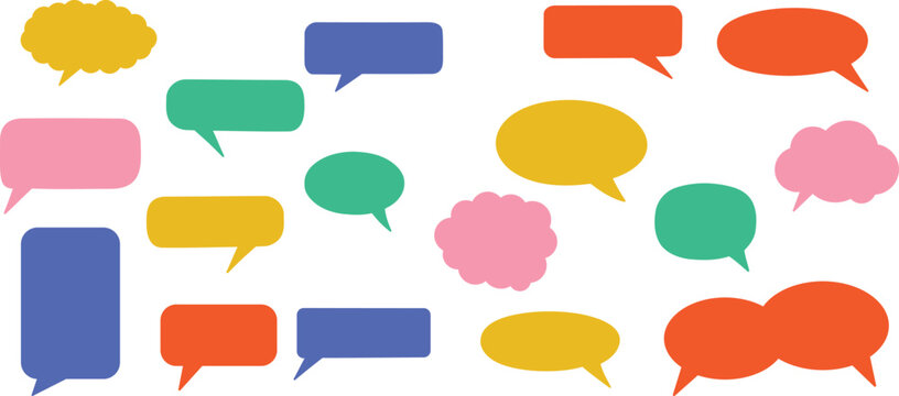 Set of funky speech bubbles, playful blank chat balloons in various shapes. talk balloon stickers, colorful comic style cloud bubble