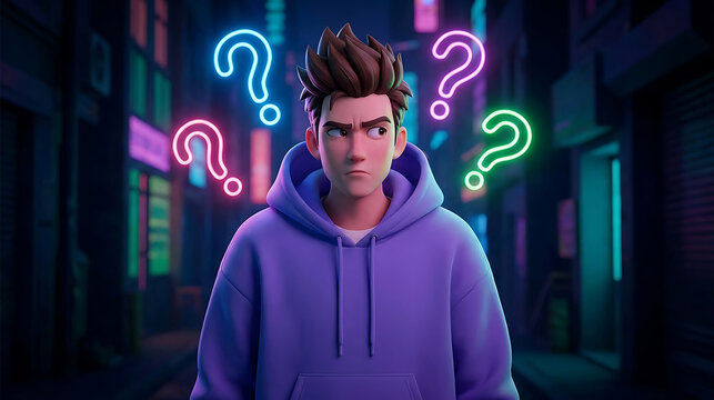 3D render of thoughtful boy in purple hoodie surrounded by glowing neon question