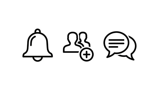 Social media and communication UI icons set with notification bell add user chat message symbol line art black and white user interface design web design app design digital communication
