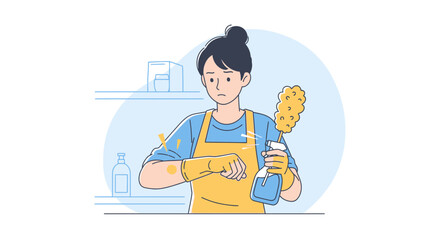 Naklejka premium Young woman cleaning home with spray and duster. Housework concept.