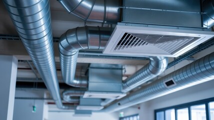 Naklejka premium Modern HVAC System with Exposed Metal Ventilation Ducts and Air Conditioning Vents on a Ceiling in a Commercial Building